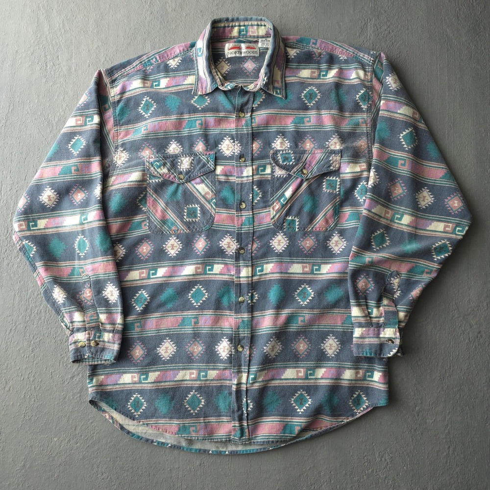Vintage 90s Northwoods Blue Aztec Flannel Shirt XL Southwestern Pattern